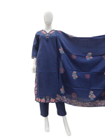 Pretty applique work suit set paired with block print dupatta