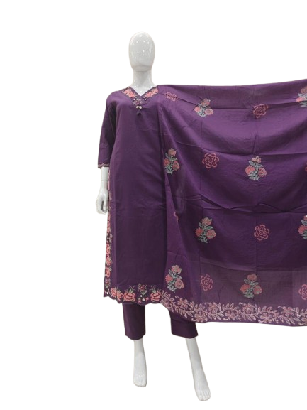 Pretty applique work suit set paired with block print dupatta in purple