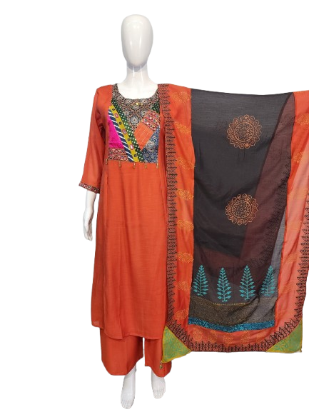 Mul chanderi with lining suit set paired with applique dupatta in orange