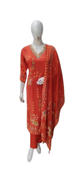 Pure crepe digital printed with pretty hand work on the kurta in orange