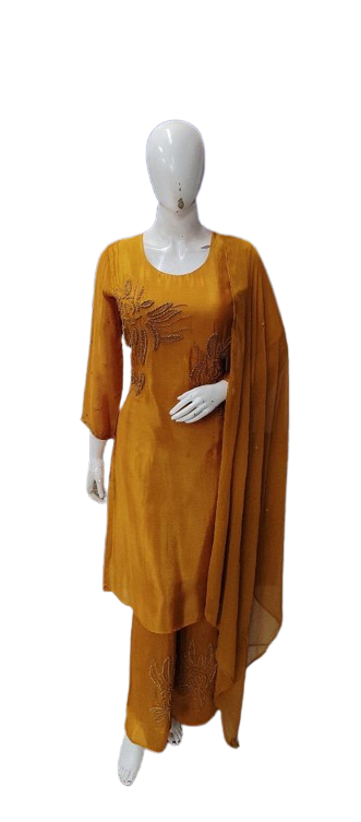 Pure chinon heavy handwork suit set in yellow