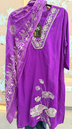 Cotton applique work suit in purple