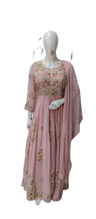 Premium chinon hand embroidery gown with shiffon dupatta in pink