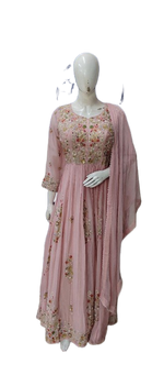 Premium chinon hand embroidery gown with shiffon dupatta in pink
