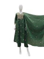Zari detailing cotton suit set in green paired