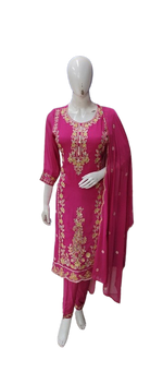 Rani pink pure chinon with intricate embroidery full suit set