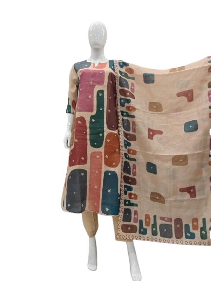 Linen chanderi githan work suit set