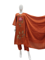 Gorgeous applique work Mul cotton suit set in rust