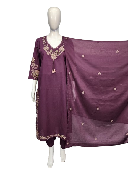 Super pretty embroidered sleeves kurta and dupatta suit set in purple