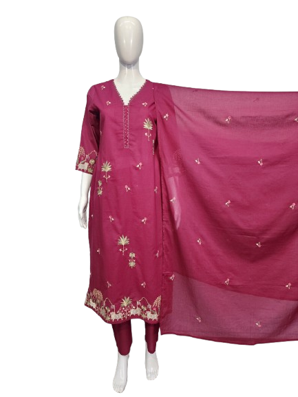 Beautiful pink embroidered cotton suit set