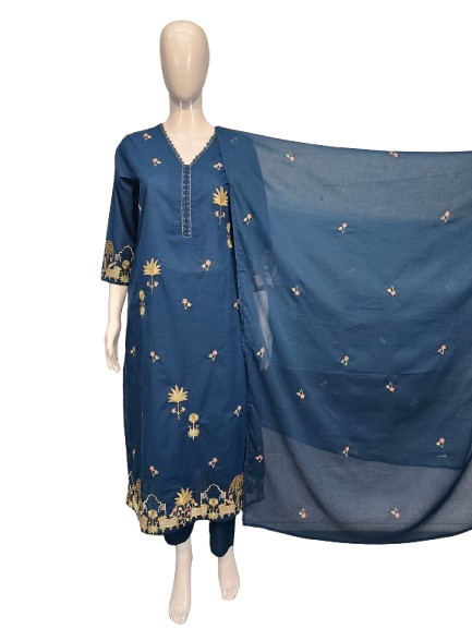 Beautiful blue embroidered cotton suit set