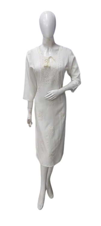 Premium cotton slub chikankari kurti in white