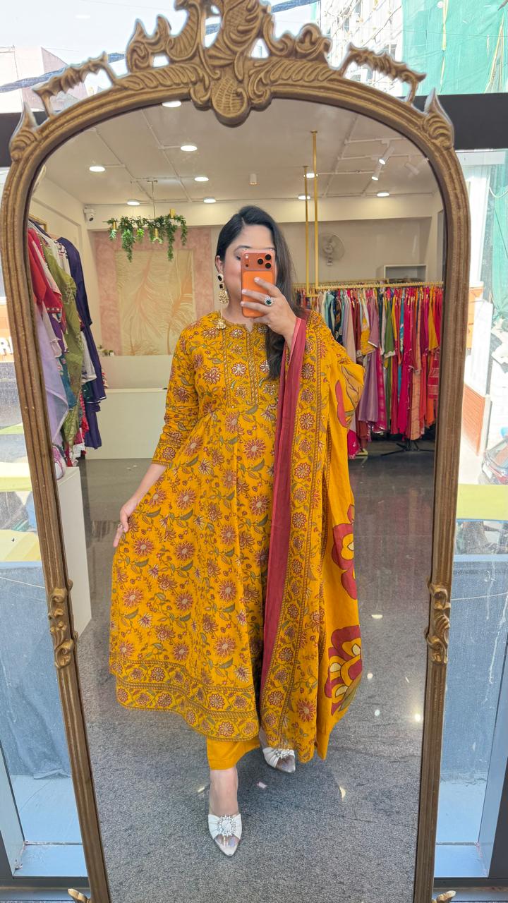 Pure cotton Kalamkari Anarkali suit set in yellow