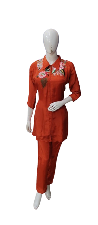 Premium fully embroidered orange Mul chanderi co ord set