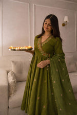 Super premium zari embroidered cotton angrakha Anarkali suit set in green