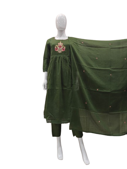 Designer front n back embroidered mil cotton suit set in green