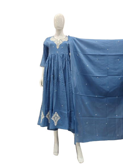 Mul cotton heavy embroidery full suit set in blue