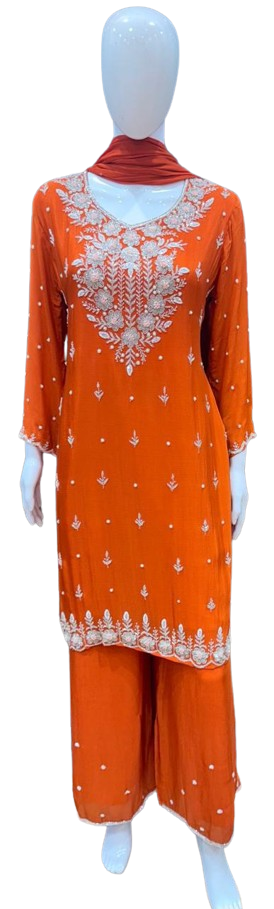 Premium chinon full hand work suit set in orange