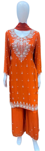 Premium chinon full hand work suit set in orange