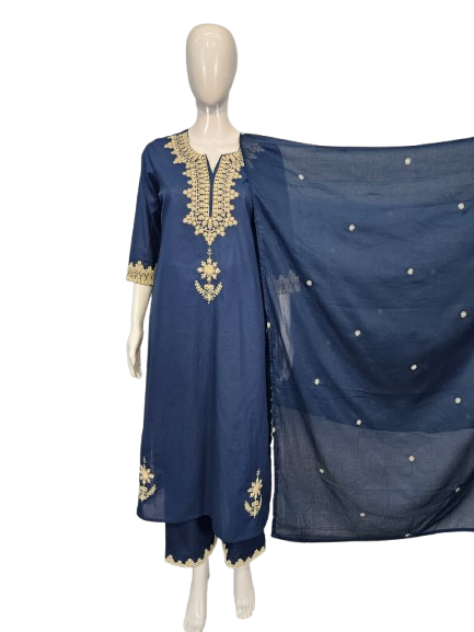 Pure cotton embroidered suit set in blue