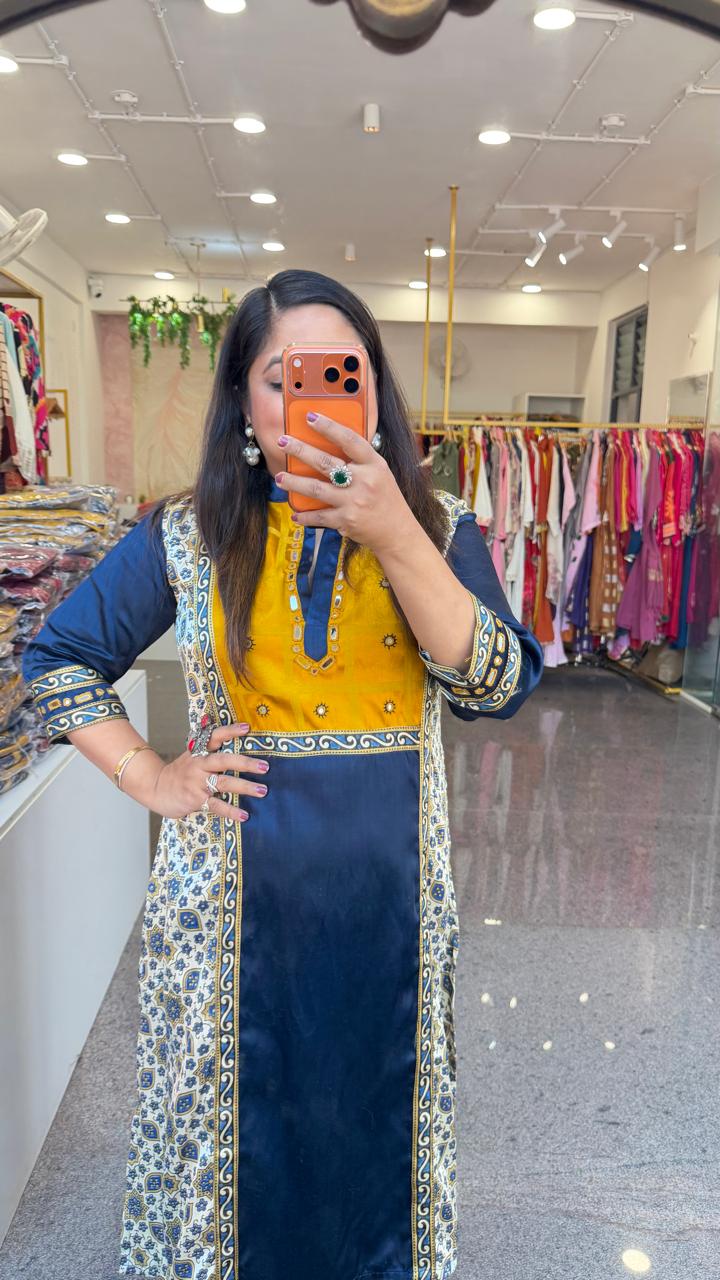 Premium gaji silk kurti in ajrakh in blue n yellow