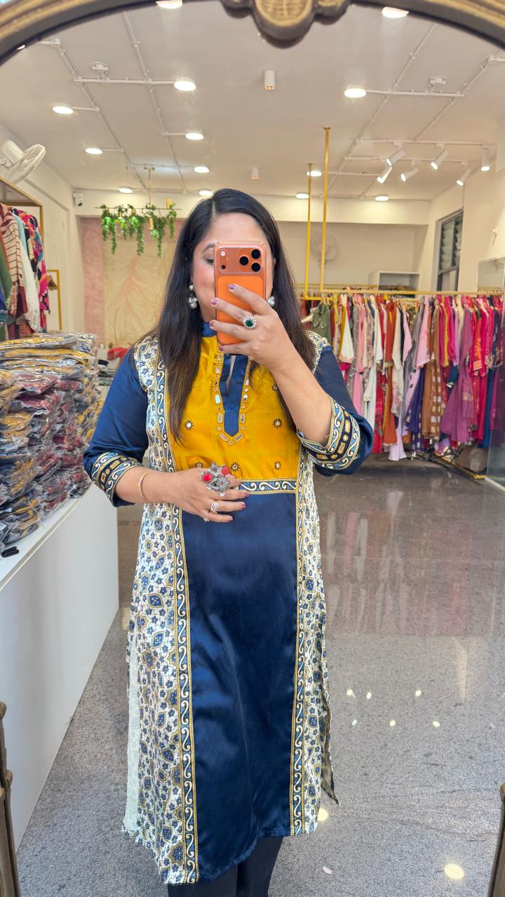 Premium gaji silk kurti in ajrakh in blue n yellow