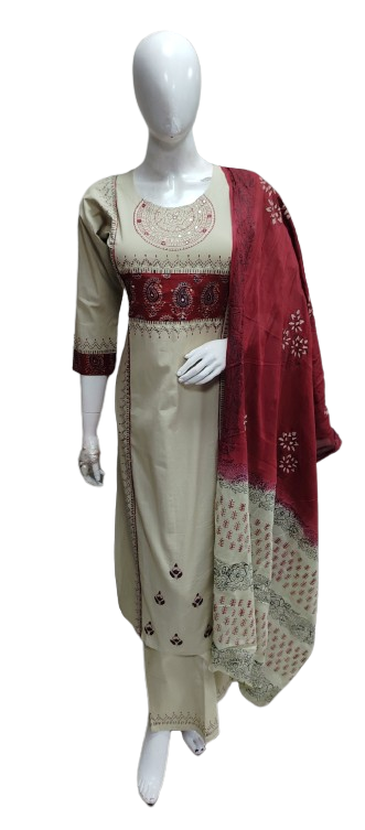 Gorgeous cotton suit in red paired with block printed dupatta