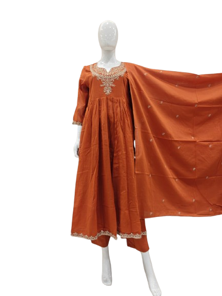 Premium Mul cotton gold zari detailing suit set