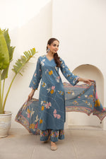 Premium cotton digital printed full suit set in blue