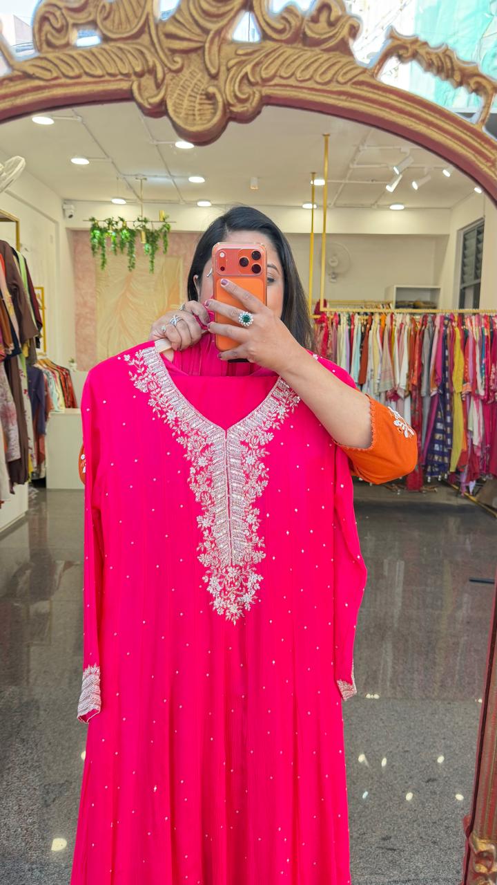 Premium chinon heavy Zardosi yoke Anarkali suit set in Rani pink