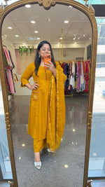 Pretty designer back and pocket paired with cotton chanderi dupatta full suit set in premium cotton in yellow