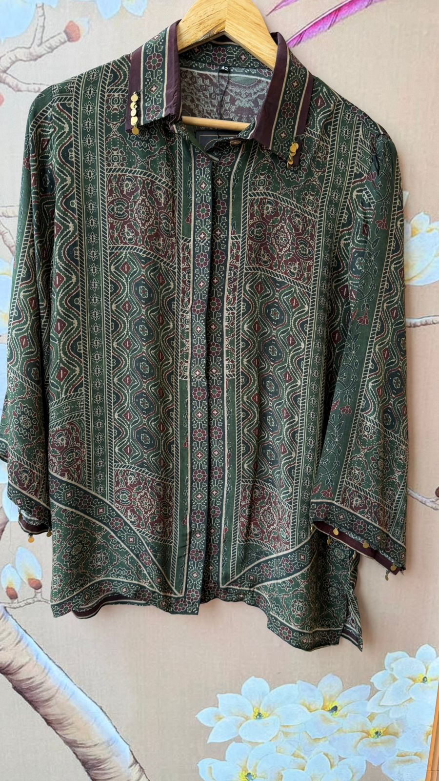 Crepe silk ajrakh printed shirt in green