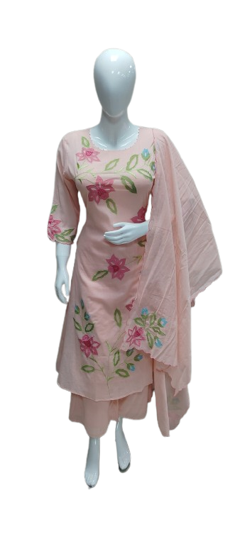Applique work baby pink cotton suit set