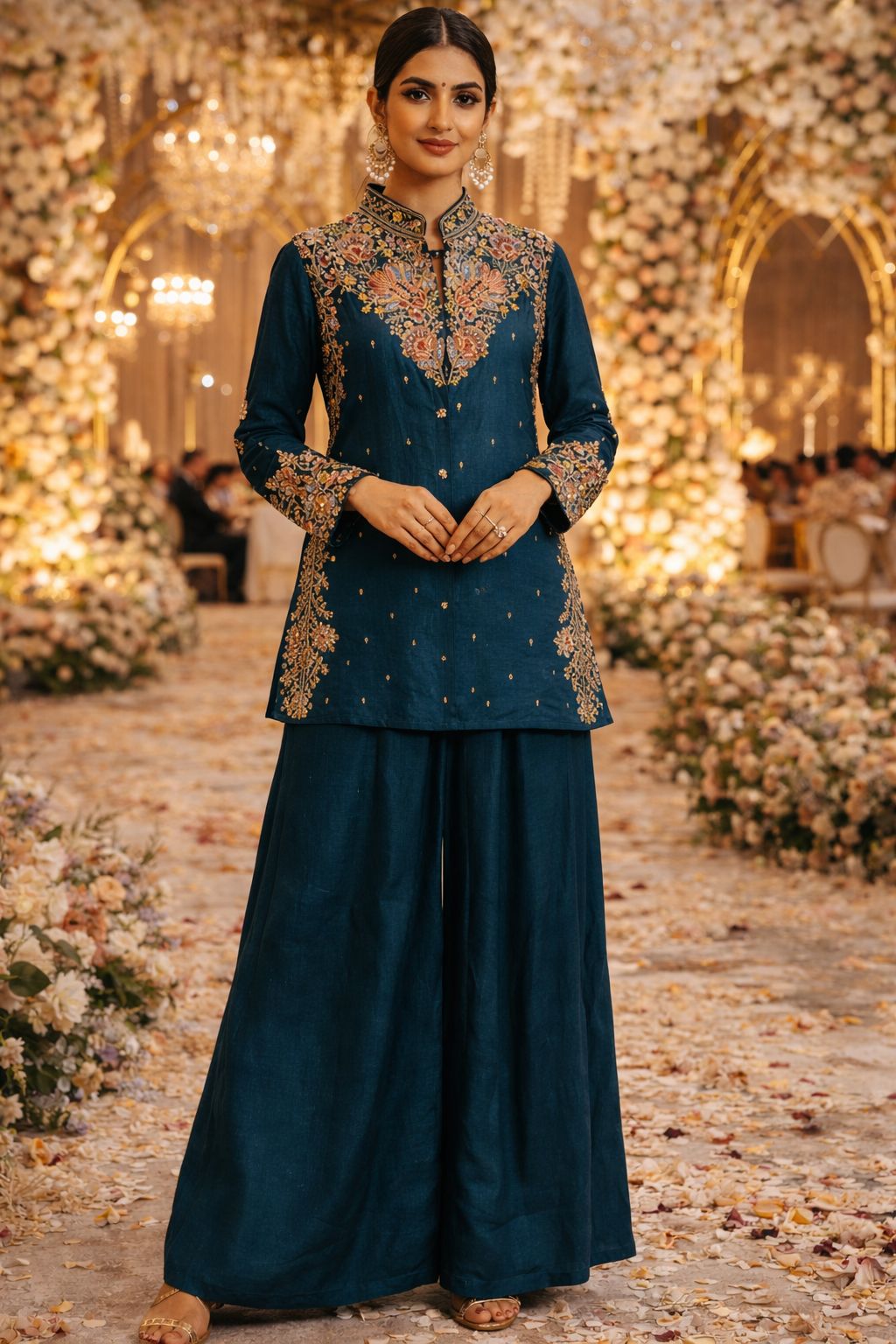 Premium chinon beautiful hand embroidered Co ord set in teal blue