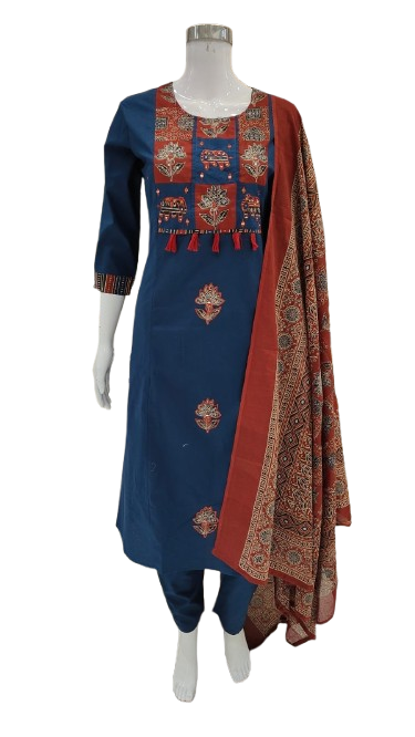 Premium cotton applique work full suit set in blue