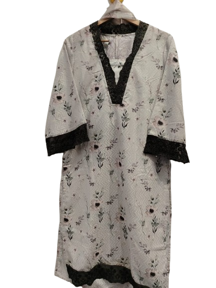 Textured cotton full suit with lace detailing.