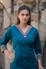 Pretty Kalamkari dupatta paired with real mirror detailing kurta set in blue