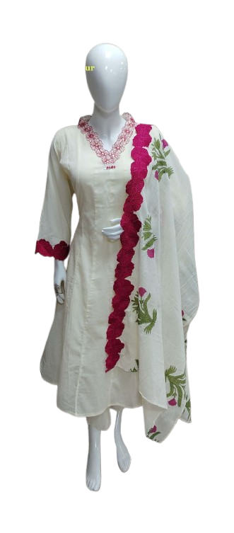 Pure Mul cotton applique work border suit set in pink