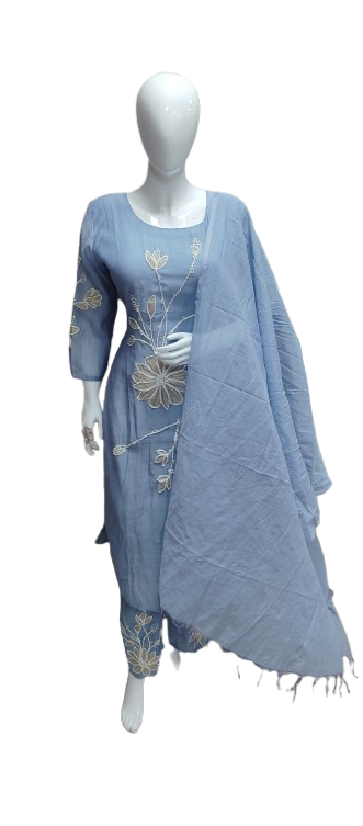 Premium applique work Mul chanderi lining slim fit suit set ice blue