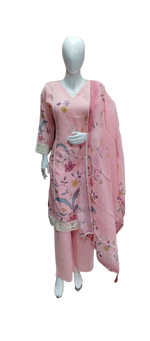 Linen applique full suit set in pink