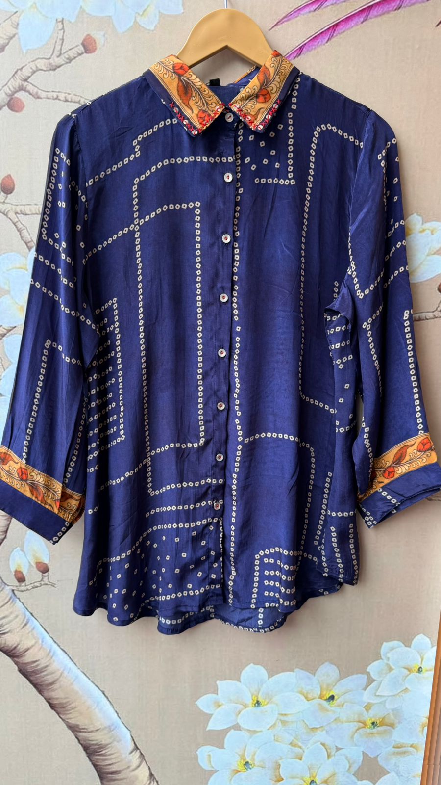 Pure crepe bandhani shirt in blue