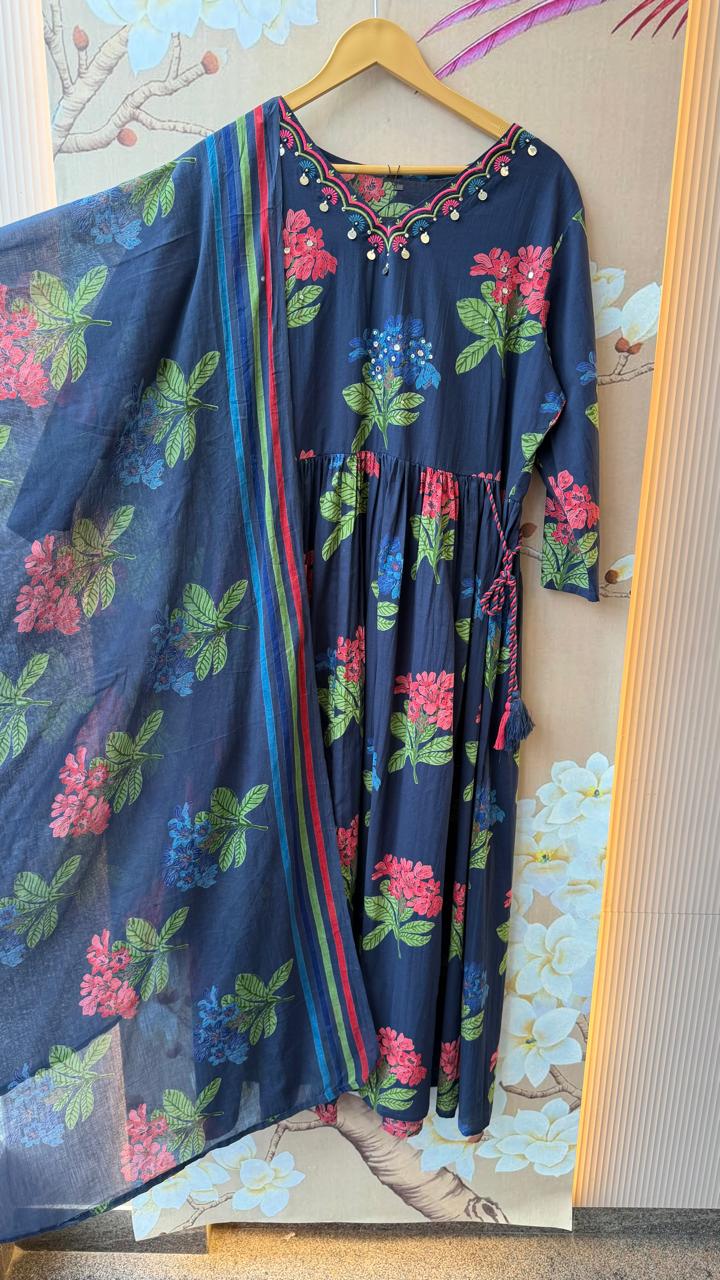 Pure cotton Anarkali full suit set in blue