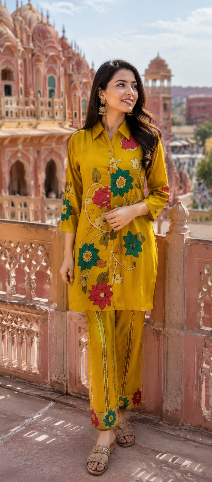 Pretty kalamkari front n back designer mul silk co ord in yellow (slim fit).