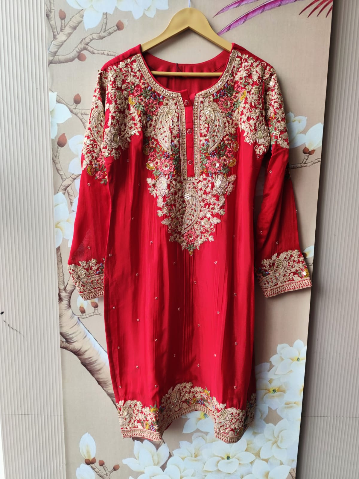 Premium chinon heavy handwork sharara full suit set in red