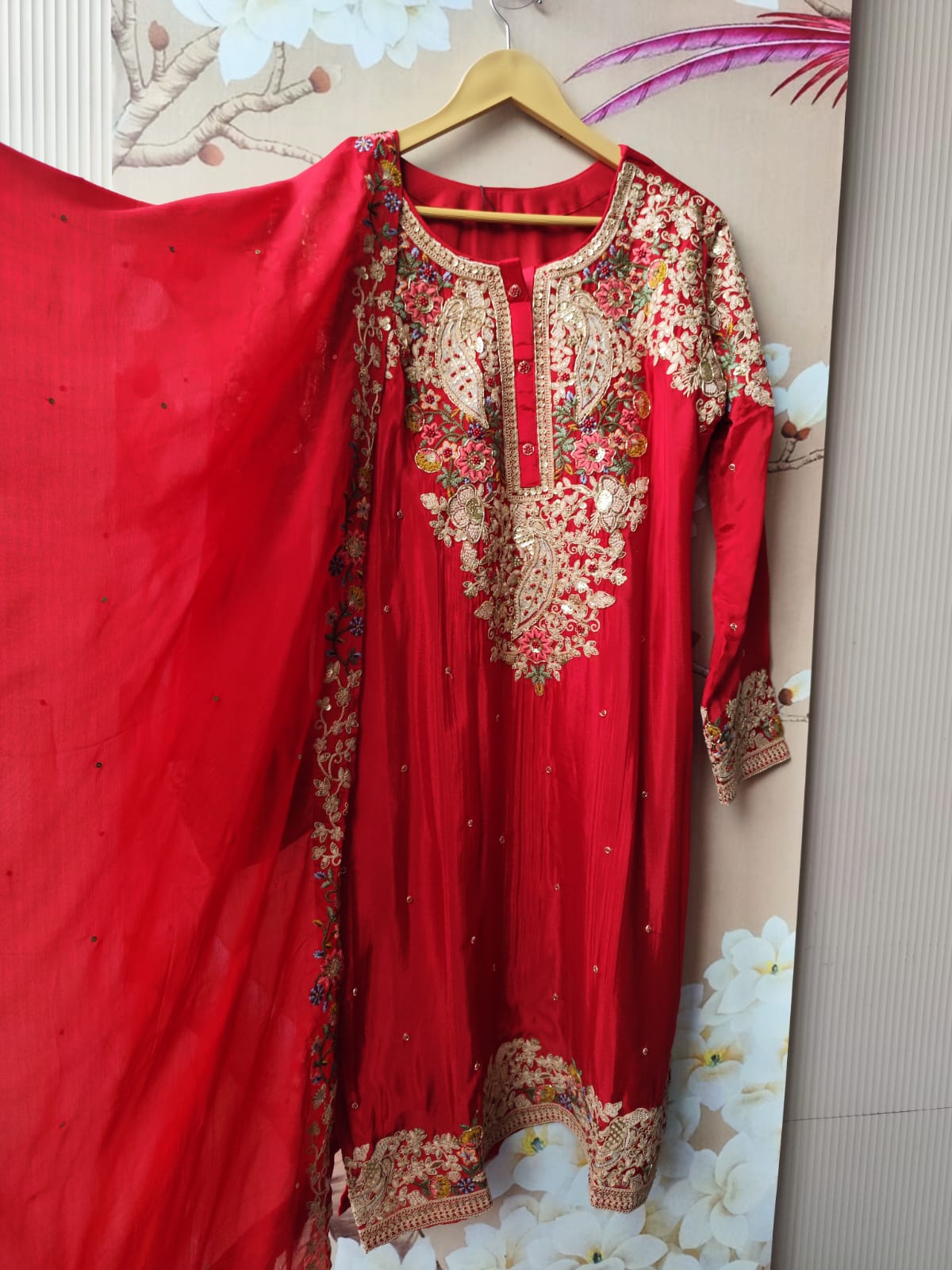 Premium chinon heavy handwork sharara full suit set in red