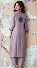 Pretty crepe silk ajrakh full suit set in purple . Designer front n back