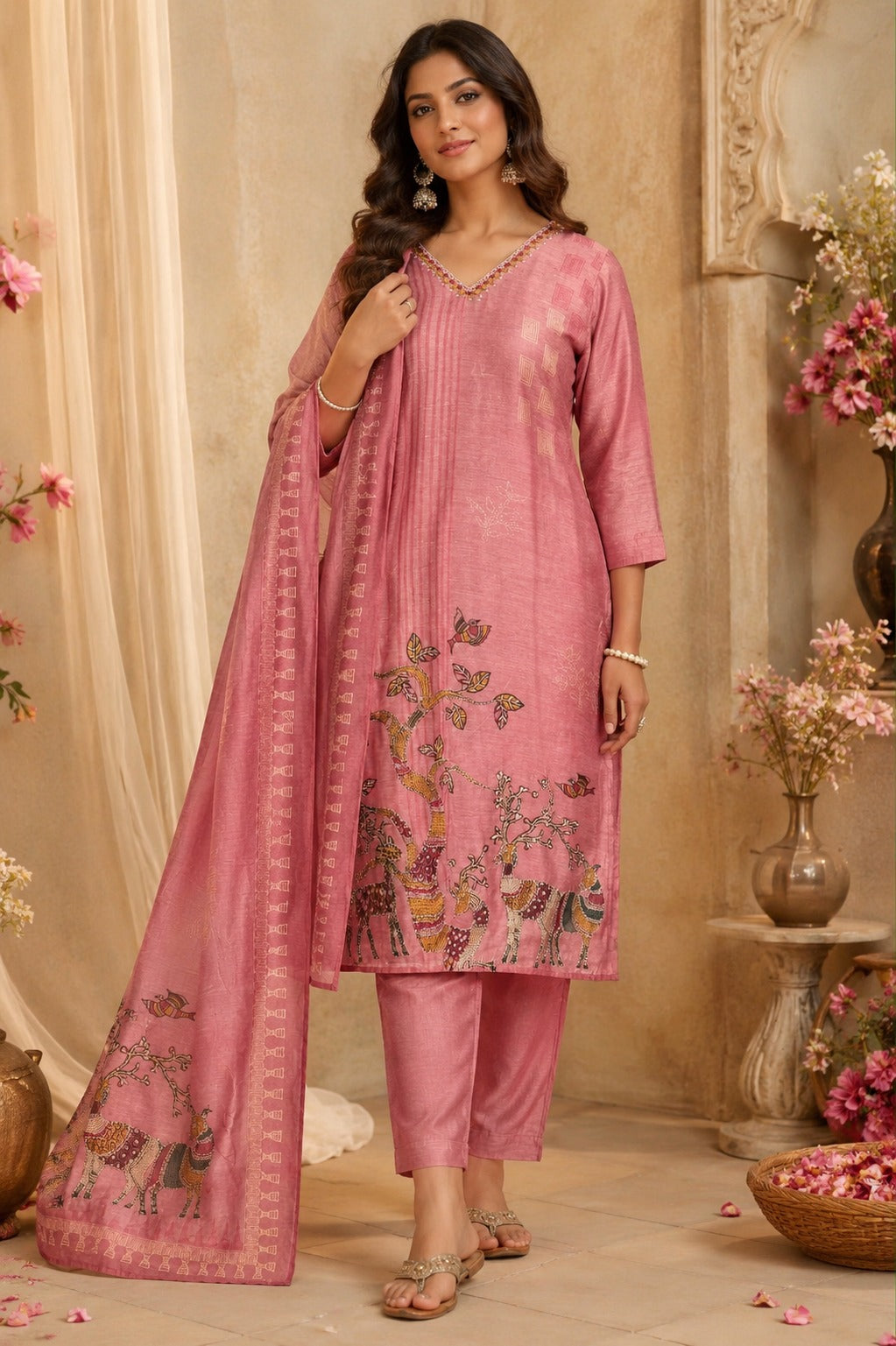 Pretty cotton silk highlighted with katha stitch suit set in pink