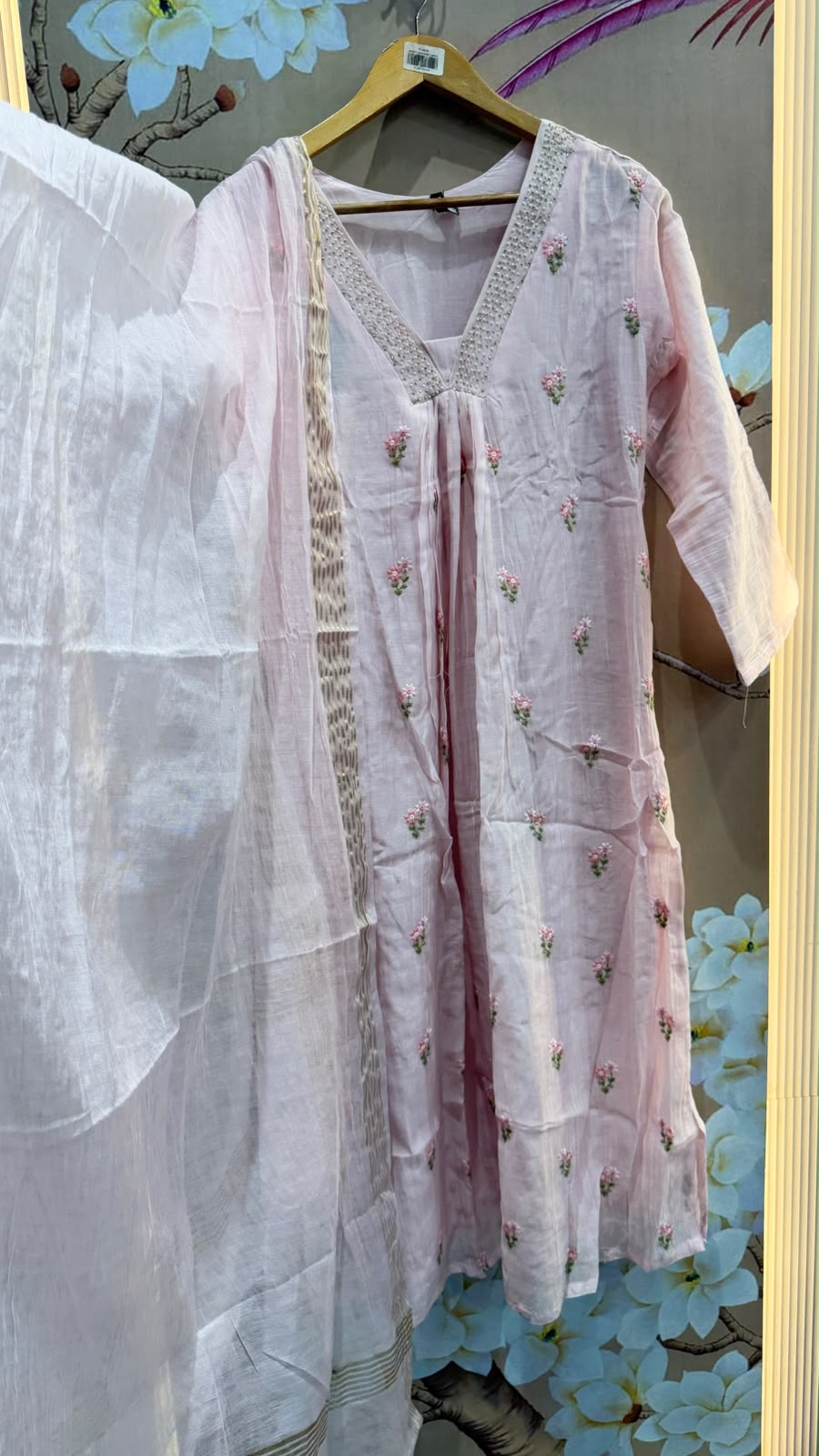 Super pretty pintresty mulchanderi Mul chanderi full suit set in baby pink