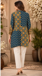 Pretty Kalamkari front n back top in blue n yellow