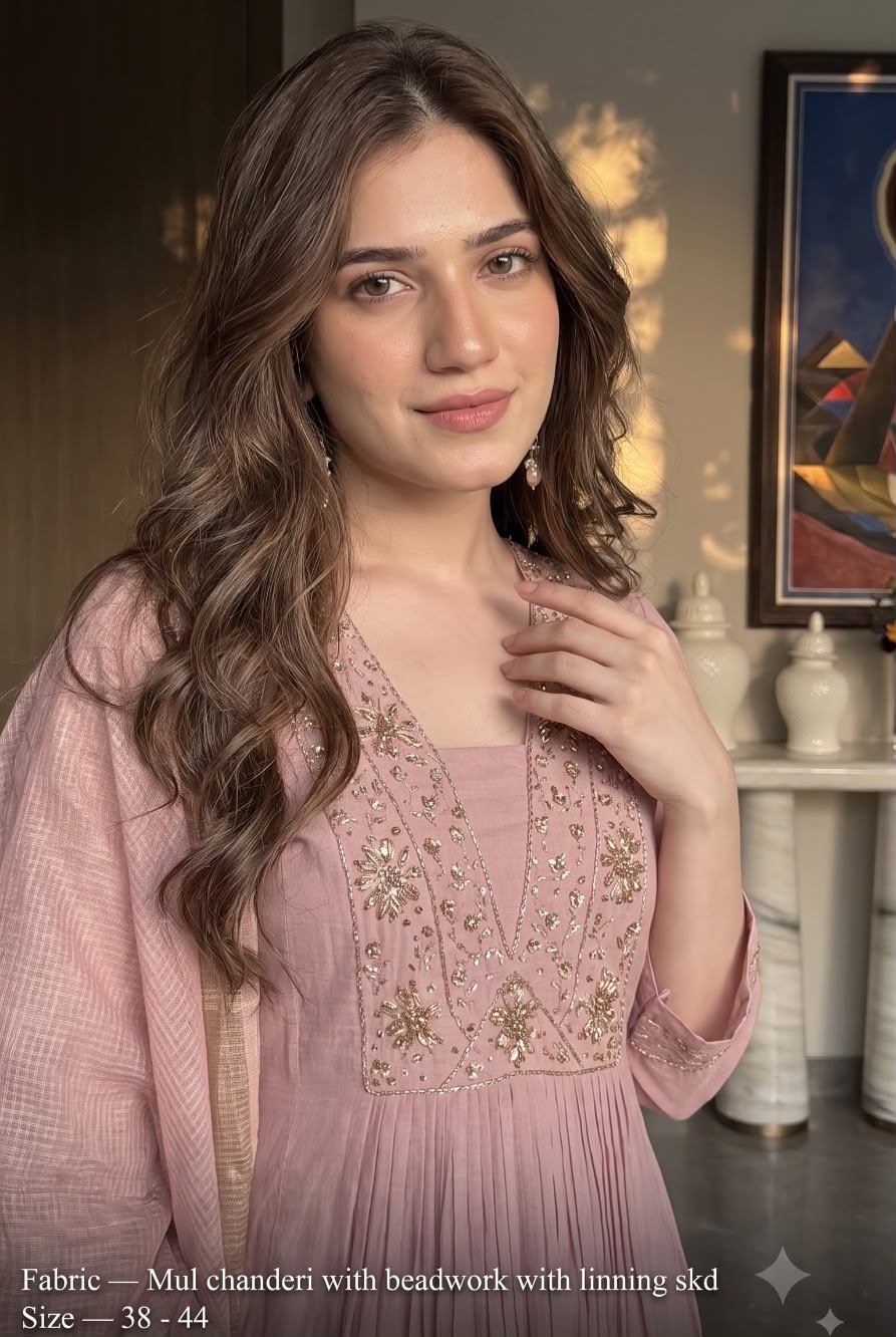 Pretty mulchanderi with bead work and lining full suit in pink